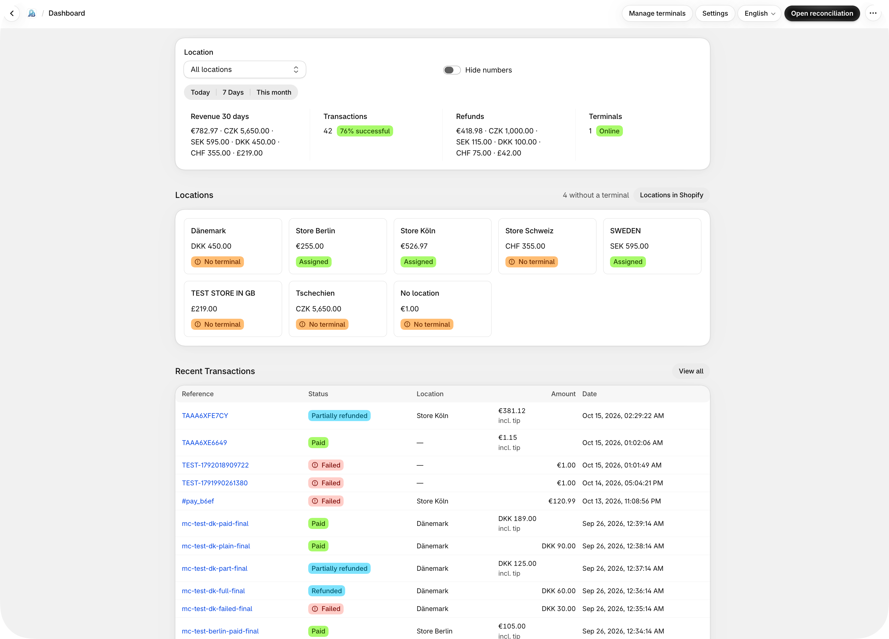 PosBridge Dashboard: Zahlungsübersicht und letzte Transaktionen